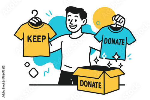 Closet Organizing Fun. Closet Declutter Moment. A smiling person holds two shirts?one marked ?Keep,? one ?Donate.? Light geometric sparkles float around the