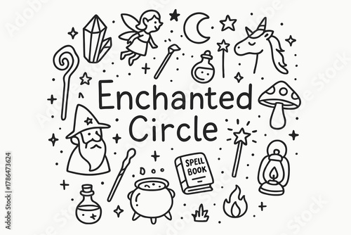 Enchanted Fantasy Icons. Enchanted Circle. Hand-drawn doodle illustration of Enchanted Circle. crystal, fairy,