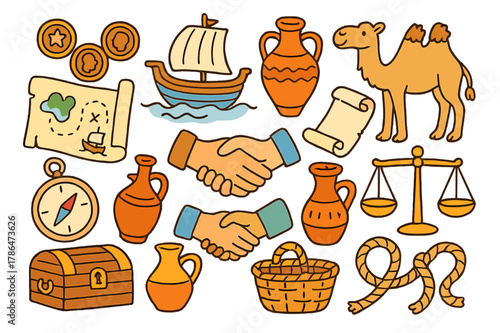 Ancient Trade Icons. Ancient trade. Colorful Hand-drawn doodle Children illustration Ancient trade bronze coins, ships, amphora, camel, map, scroll, compass,