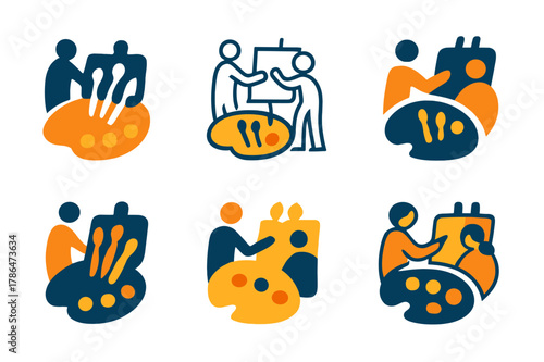 Creative Workshop Logos. Artists working together in a workshop. Set Logo of Artists working together in a workshop: color palette with three brushes. Icon