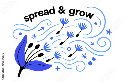 Seeds on the Wind. Seeds ? Wind Scatter. Light gusts lift seeds from a pod; spiral lines mark flight paths. Text ?spread & grow? arcs through the breeze.