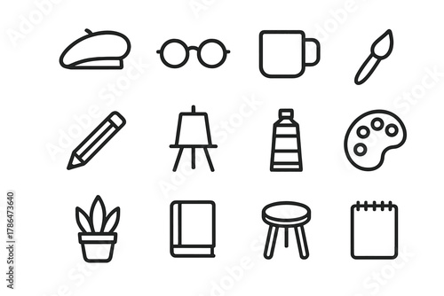 Artist Essentials Icons. Artist lifestyle. Line outline icon set of artist lifestyle: hat, glasses, coffee mug