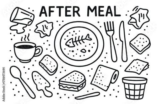 After Meal Chaos. After Meal. Hand-drawn doodle illustration After Meal crumpled napkin, plate, fork, knife, spilled drink, crumbs, coffee cup,