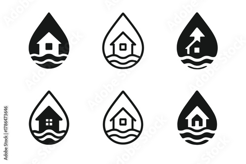 Flood Restoration Logos. Dealing with home flooding and water damage. Set Logo of dealing with home flooding and water damage: droplet with rising arrow