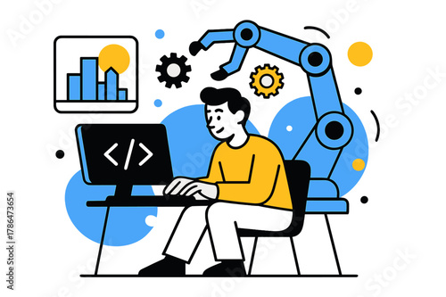 Futuristic Coding Scene. Innovation and technology. A person sitting in front of a computer, coding, with a robotic arm and gears surrounding them, a tablet