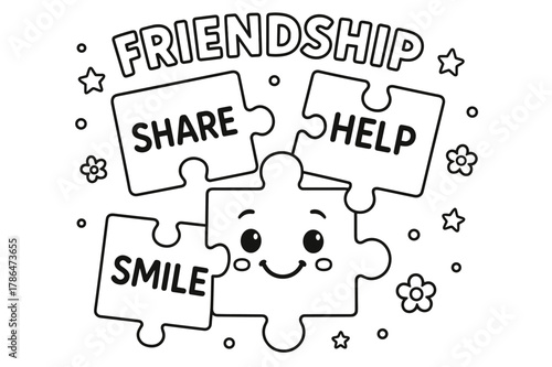 Friendship Puzzle Coloring Page. Friendship puzzle children?s coloring book illustration, outlined drawing, cartoon puzzle pieces labeled ?share,? ?help,? and