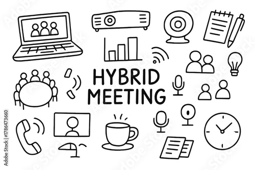 Hybrid Meeting Doodle. Hybrid meeting. Hand-drawn doodle illustration hybrid meeting laptop, conference table, projector, webcam, microphone, chart, group