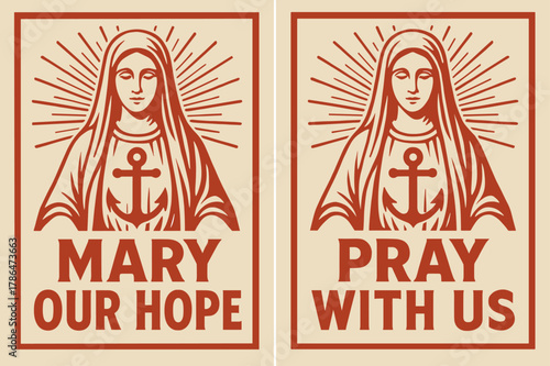 Retro Religious Banners. Our Lady of Hope. Two vertical A6 banners with safe margins, centered composition, no elements touching edges, retro, red and beige,