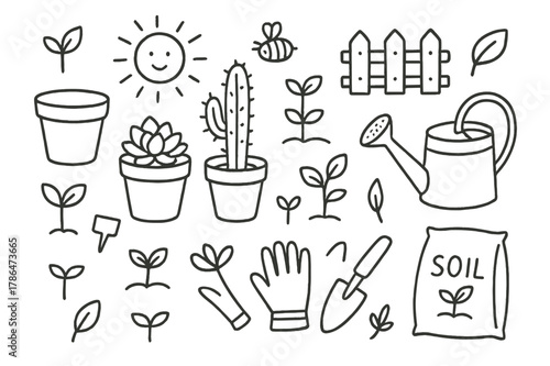Garden Tools Doodle. Garden pots. Hand-drawn doodle illustration garden pots terracotta pots, succulents, cactus, watering can, trowel, gloves, soil bag, plant