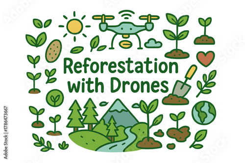 Drones Boost Reforestation. Reforestation with drones. Hand-drawn doodle illustration of reforestation with