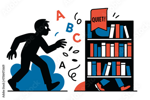 Library Hideout Secrets. Library Hideout. A seeker?s silhouette moves along tidy stacks while a bookmark flag whispers ?quiet!?. Floating letters scatter like