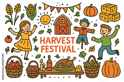 Harvest Festival Celebration. Harvest festival. Colorful Hand-drawn doodle Children illustration Harvest festival wheat sheaves, corn, pumpkin, baskets, hay
