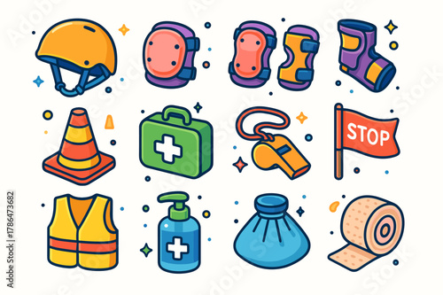 Playground Safety Icons. playground safety gear. Colorful isometric vector icons set of playground safety gear: helmet, knee pads, elbow pads, wrist guards,