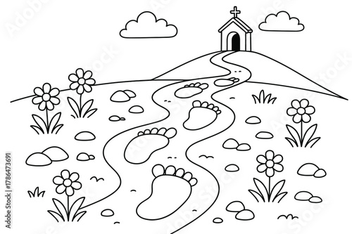 Footprint Path Coloring. Footprints of the journey children?s coloring book illustration, outlined drawing, a trail of big friendly footprints leading past