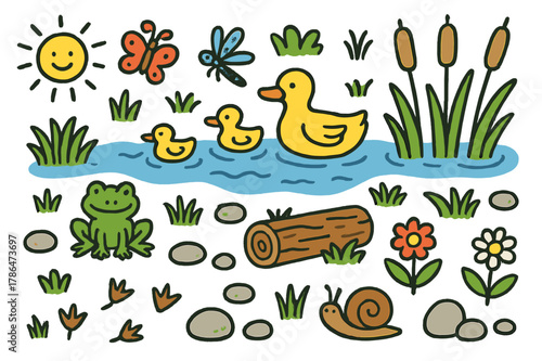 Riverbank Cartoon Doodles. Riverbank life. Colorful Hand-drawn doodle Children illustration Riverbank life ducks, reeds, cattails, pebbles, flowers, grass,