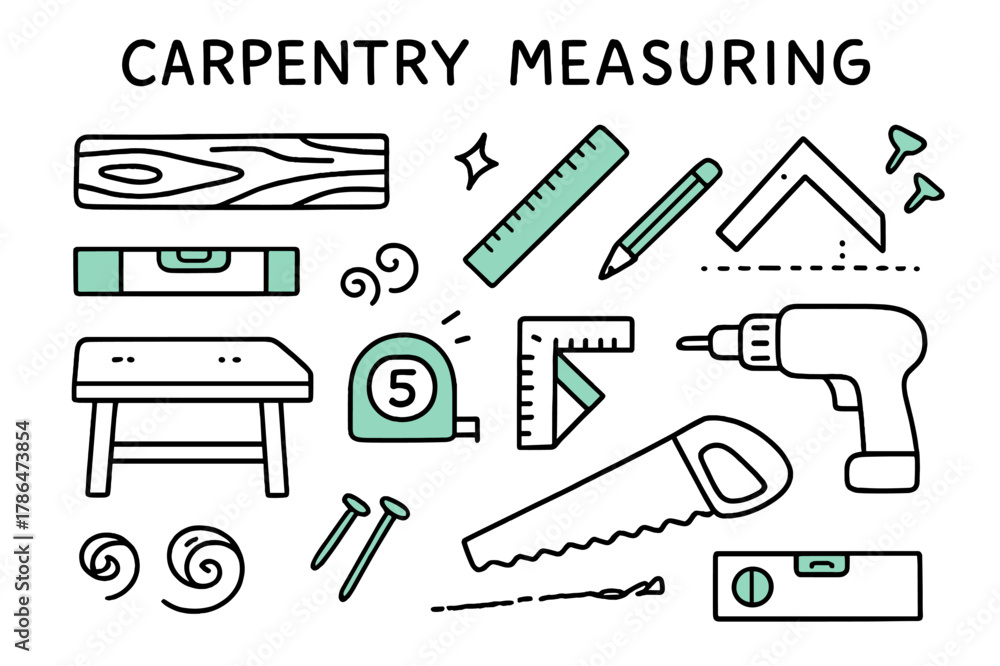 Fototapeta premium Carpentry Tools Illustration. // Carpentry measuring. Hand-drawn doodle illustration Carpentry measuring [wood plank, ruler (accented), tape measure