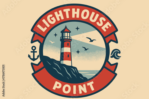 Lighthouse Retro Poster. Lighthouse Point ? Retro Poster; lettering: bold rounded; composition: ribboned seal with side icons; effects: halftone rim + gentle