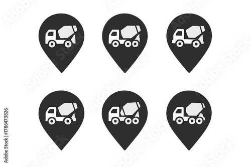 Concrete Delivery Icons. Concrete truck drivers delivering materials to sites. Set Logo of jobsite location pin with mixer silhouette: Abstract geometric,