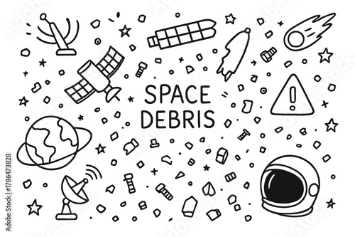 Space Debris Doodles. Space debris. Hand-drawn doodle illustration space debris satellite, rocket fragment, broken antenna, orbit path, Earth, space junk