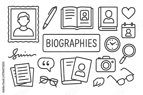 Biography Icons Illustrations. Biographies. Hand-drawn doodle illustration biographies portrait frame, pen, notebook, book cover, open page, calendar, camera,
