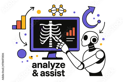 AI Health Diagnosis. Healthcare Tech ? AI Diagnosis. Robot hand points to a digital X-ray on a floating screen; data bars and neural nodes animate around it.