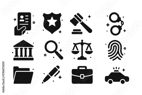 Legal Icons Collection. Warrant Execution. Solid icons set of Warrant Execution: hand holding document, police badge, gavel, handcuffs, courthouse, magnifying