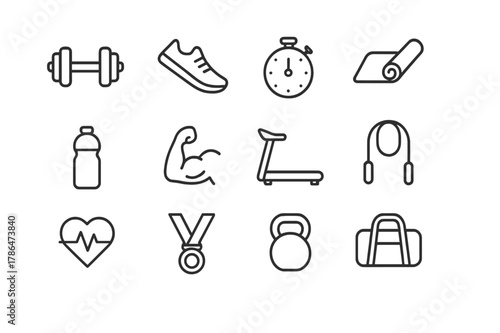 Motivational Fitness Icons. Motivational fitness. Line icon set of motivational fitness: dumbbell, running shoe, stopwatch, yoga mat, water bottle, flexed