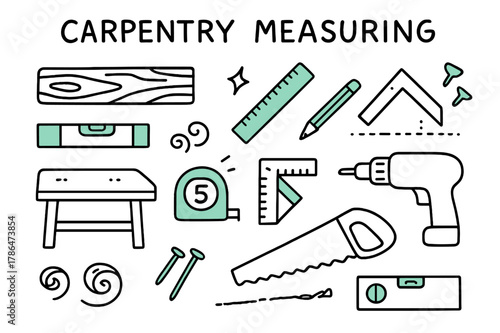 Carpentry Tools Illustration. // Carpentry measuring. Hand-drawn doodle illustration Carpentry measuring [wood plank, ruler (accented), tape measure