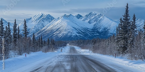 Scenic winter landscape with a road leading through snow-covered trees towards majestic mountains in the distance under a cloudy sky.
