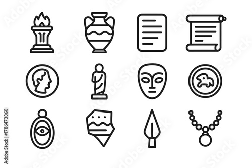 Ancient Relics Icons. Ancient relics. Line icon set of ancient relics: artifact, amphora, tablet, scroll, coin, statue, mask, seal, amulet, pottery shard,