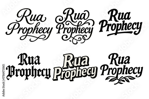 Diverse Lettering Styles. Rua Prophecy. Set lettering. harmonious lettering variations of the same emblematic concept, each with different artistic