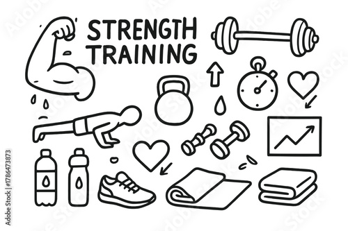 Strength Training Icons. Strength training. Hand-drawn doodle illustration strength training flexed arm, barbell, kettlebell, push-up figure, stopwatch,
