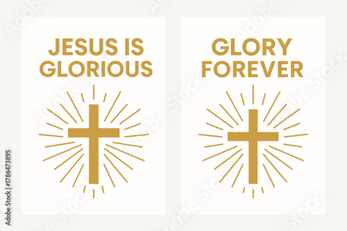 Radiant Glorious Banners. Glory of Christ. Two vertical A6 banners with safe margins, centered composition, no elements touching edges, flat vector design,