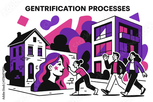 Urban Revitalization Art. Gentrification Processes. Streets with street art and modern facades alongside older buildings, floating abstract geometric shapes,