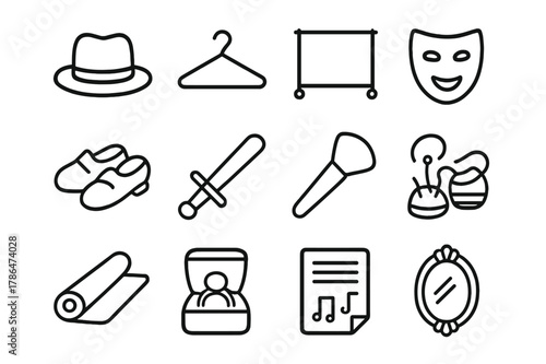 Costume Props Icons. Costume and Props. Line icon set of Costume and Props: hat, hanger, wardrobe rack, mask, stage shoes, prop sword, makeup brush, sewing