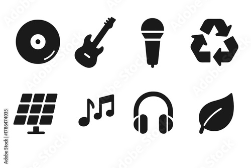 Eco-Friendly Music Icons. Music Industry Sustainability. Filled icon set of Music Industry Sustainability: