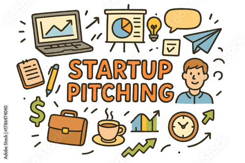 Startup Pitch Doodles. Startup Pitching. Hand-drawn doodle illustration of startup pitching. Laptop, charts,