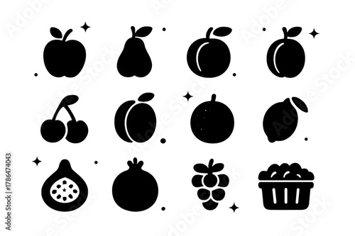 Organic Fruit Icons. Organic fruit orchard. Solid icons set of Organic fruit orchard: apple, pear, peach, plum, cherry, apricot, orange, lemon, fig,