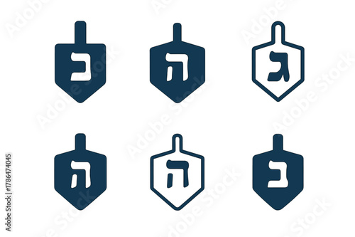 Hanukkah Dreidel Logos. Hanukkah celebrations with menorahs and candles. Set Logo of dreidel: spinning top with Hebrew letters. Icon set. harmonious logo
