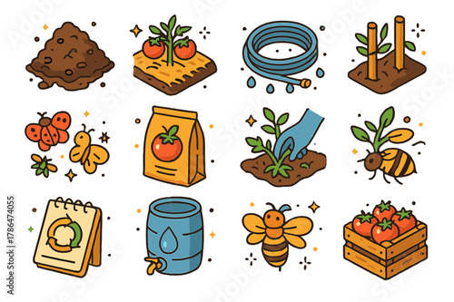 Organic Tomato Farming Icons. Organic tomato farming. Colorful isometric vector icons set of Organic tomato farming: compost heap, mulch layer, drip irrigation
