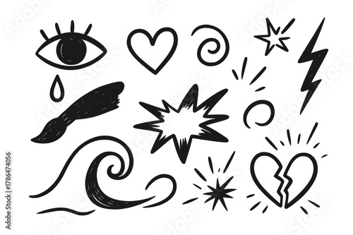 Emotional Art Symbols. Emotional art. Hand-drawn doodle illustration emotional art eye, tear, heart, swirling line, brush, paint stroke, wave, explosion,