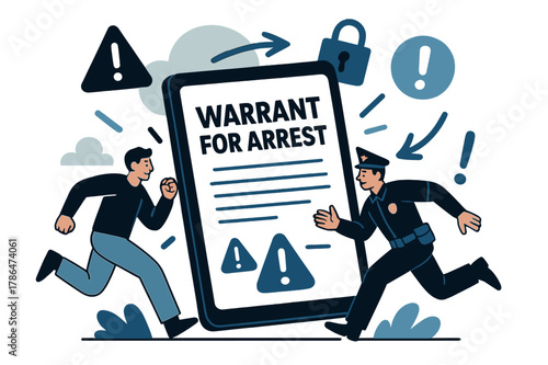 Digital Arrest Warrant. Warrant for arrest. Digital representation of an arrest warrant on tablet with abstract floating warning icons, locks, and exclamation