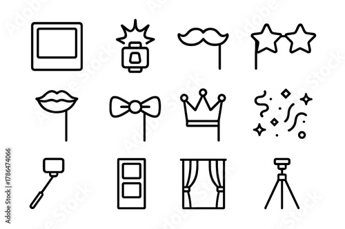 Photo Booth Icons. Photo Booth Fun. Line icon set of Photo Booth Fun: photo frame, camera flash, prop mustache, star glasses, lips prop, bow tie prop, crown