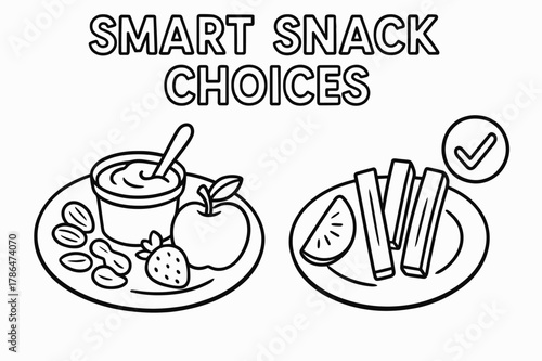 Kids' Healthy Snacks. Smart snack choices children?s coloring book illustration, outlined drawing, two small plates showing nuts, yogurt, fruit, and veggie
