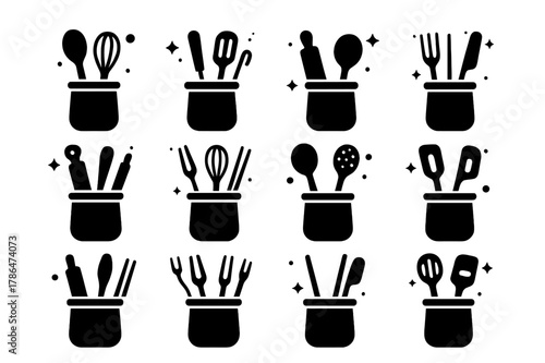 Kitchen Utensil Icons. Kitchen Utensil Holder. Solid icons set of Kitchen Utensil Holder: ceramic jar, wooden spoon, whisk, spatula, tongs, rolling pin, ladle,