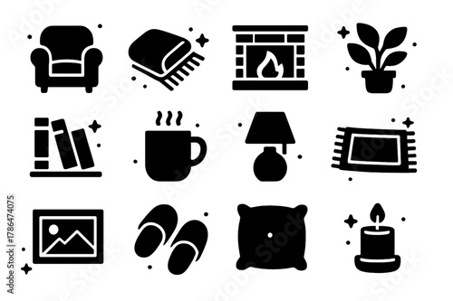 Cozy Home Icons. Homey. Solid icons set of Homey: cozy armchair, throw blanket, fireplace, house plant, bookshelf, mug of tea, table lamp, rug, picture frame,