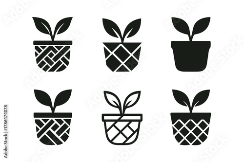Plant Pot Logos. Plant pot. Icon set. Set Logo of plant pot: woven basket cachepot. harmonious logo variations of the same emblematic concept, each with
