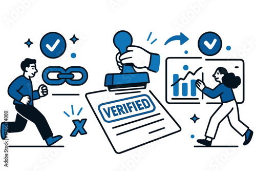 Verified Data Integrity. Data integrity & verification. Checksum icons and chain links align into a sturdy line; a stamp hits ?Verified?. Two identical charts