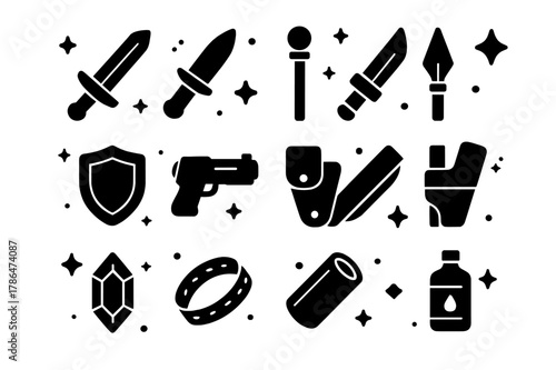 Cosplay Prop Weapons Icons. Cosplay prop weapons. Solid icons set of Cosplay prop weapons: prop sword, foam dagger, staff, spear tip, shield, blaster prop,