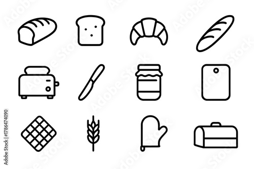 Bread Box Icon Set. Bread box. Line outline icon set of bread box: bread loaf, sliced bread, croissant,